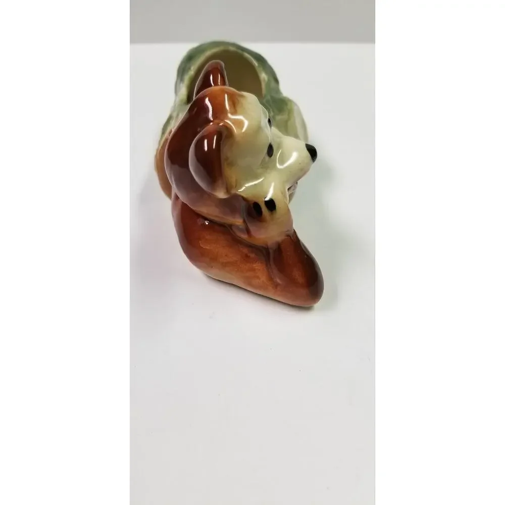 Vintage American Bisque Bear on Log Planter Mid Century 1950s Kitsch Ceramic Pot
